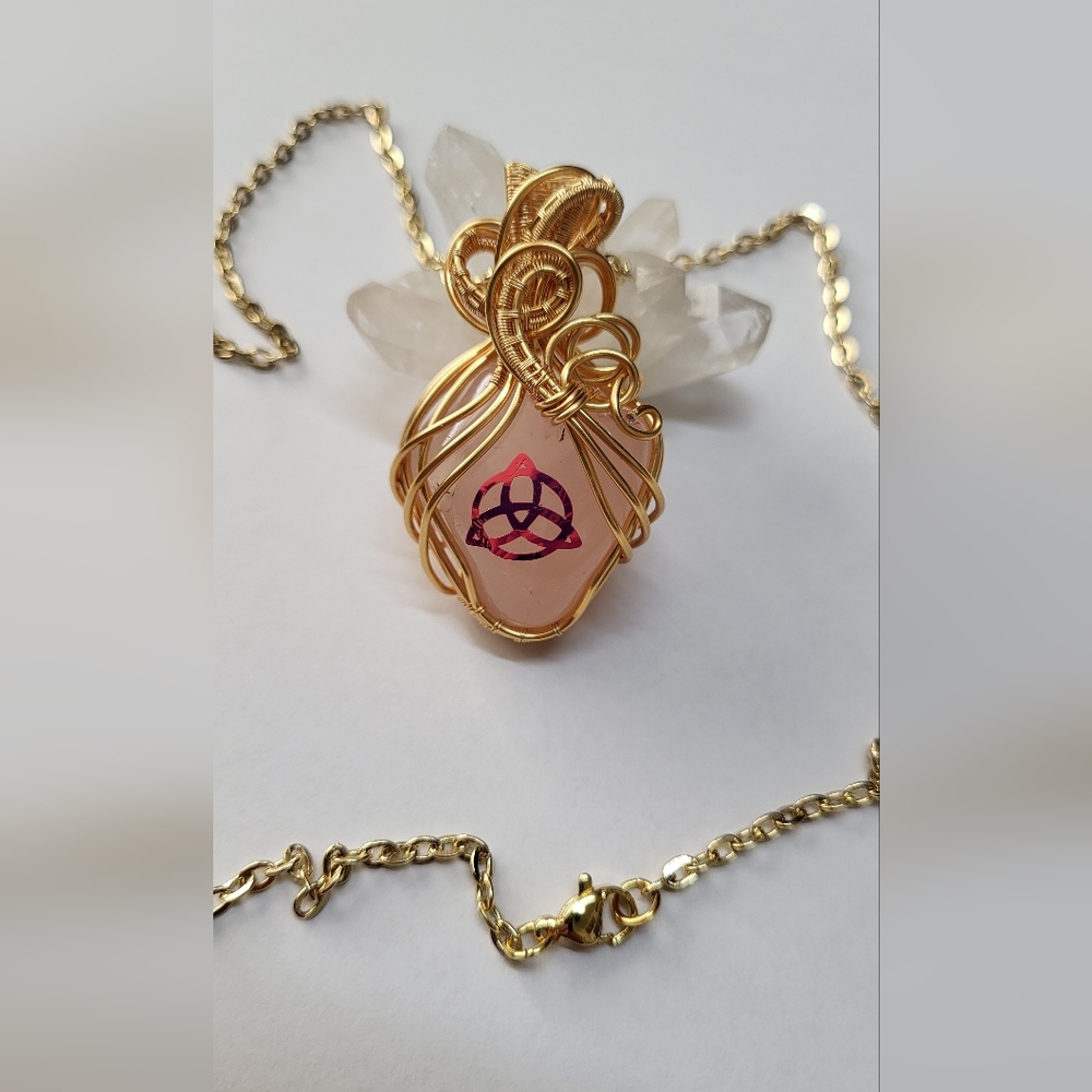Rose Quartz w/Triquetra Celtic Symbol,Gold Plated Wire Wrapped Pendant Necklace